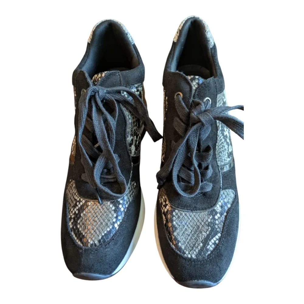 GC Shoes Black Faux Suede & Snakeskin Wedge Lace Up Shoes Women's Size 8.5 NWT